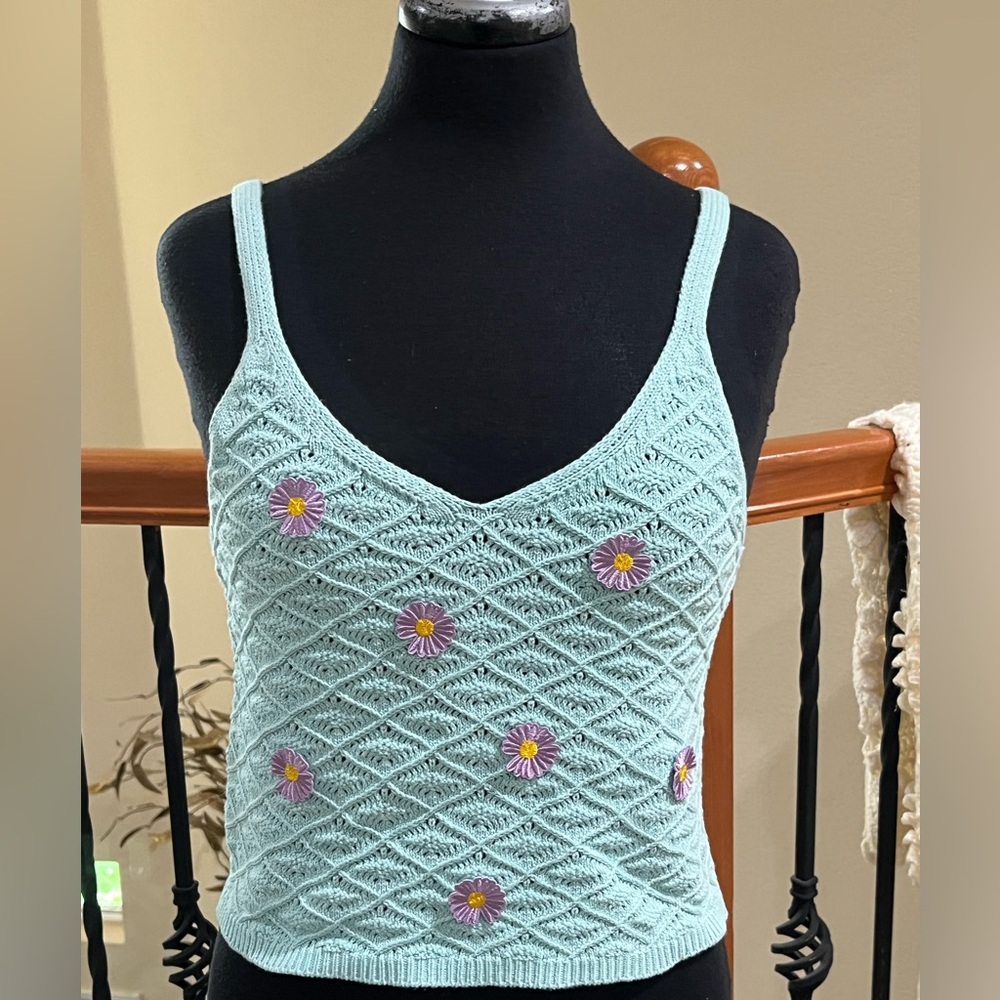 SWEET REPUBLIC SOFT GIRL FLORAL PATCH, KNIT DAISY TANK TOP, Y2K REVIVAL, SIZE L